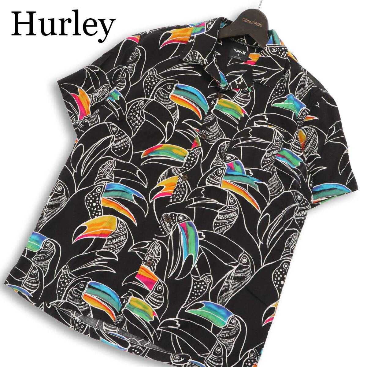 Hurley ハーレー 春夏★ 半袖 総柄 バード オオハシ柄 アロハ シャツ Sz.S メンズ 黒