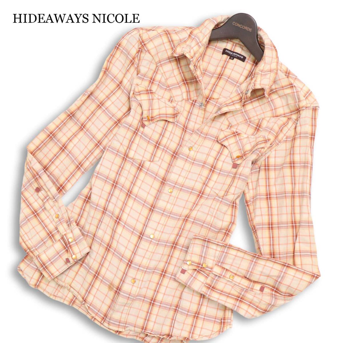 HIDEAWAYS NICOLE ハイダウェイ ニコル 通年 襟ワイヤー★ 長袖 チェック柄 スリム ウエスタンシャツ Sz.48 メンズ