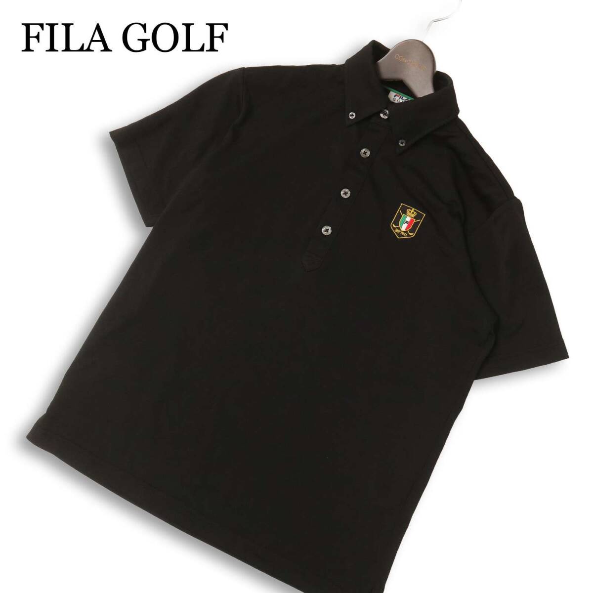 FILA GOLF フィラ ゴルフ 春夏★ 半袖 鹿の子 ロゴ刺繍 ワッペン ボタンダウン ポロシャツ Sz.M メンズ 黒