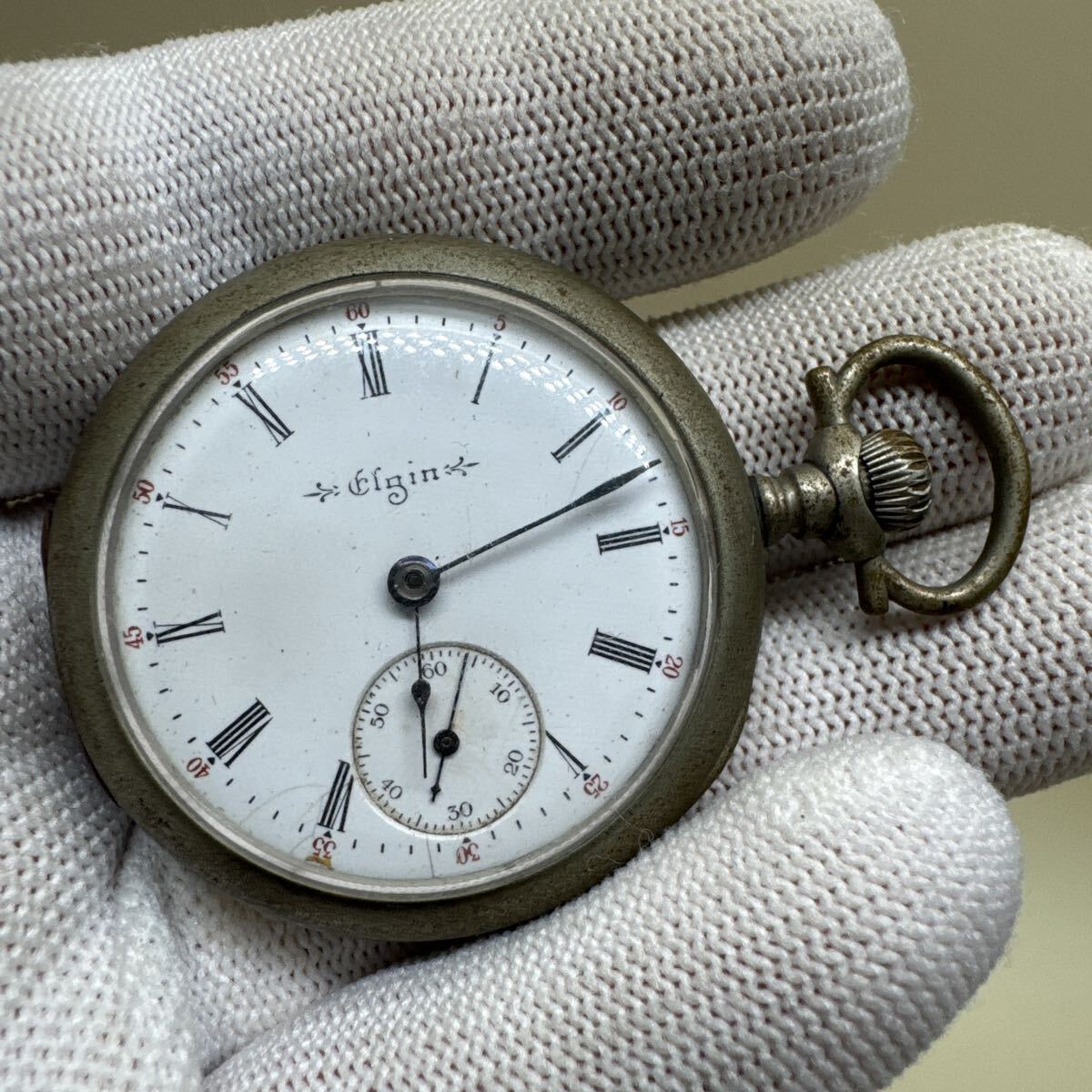 激レア　ビンテージ Elgin（エルジン）手巻き懐中時計　白い瀬戸引き（陶製）文字盤　稼働品 アンティーク★w1079