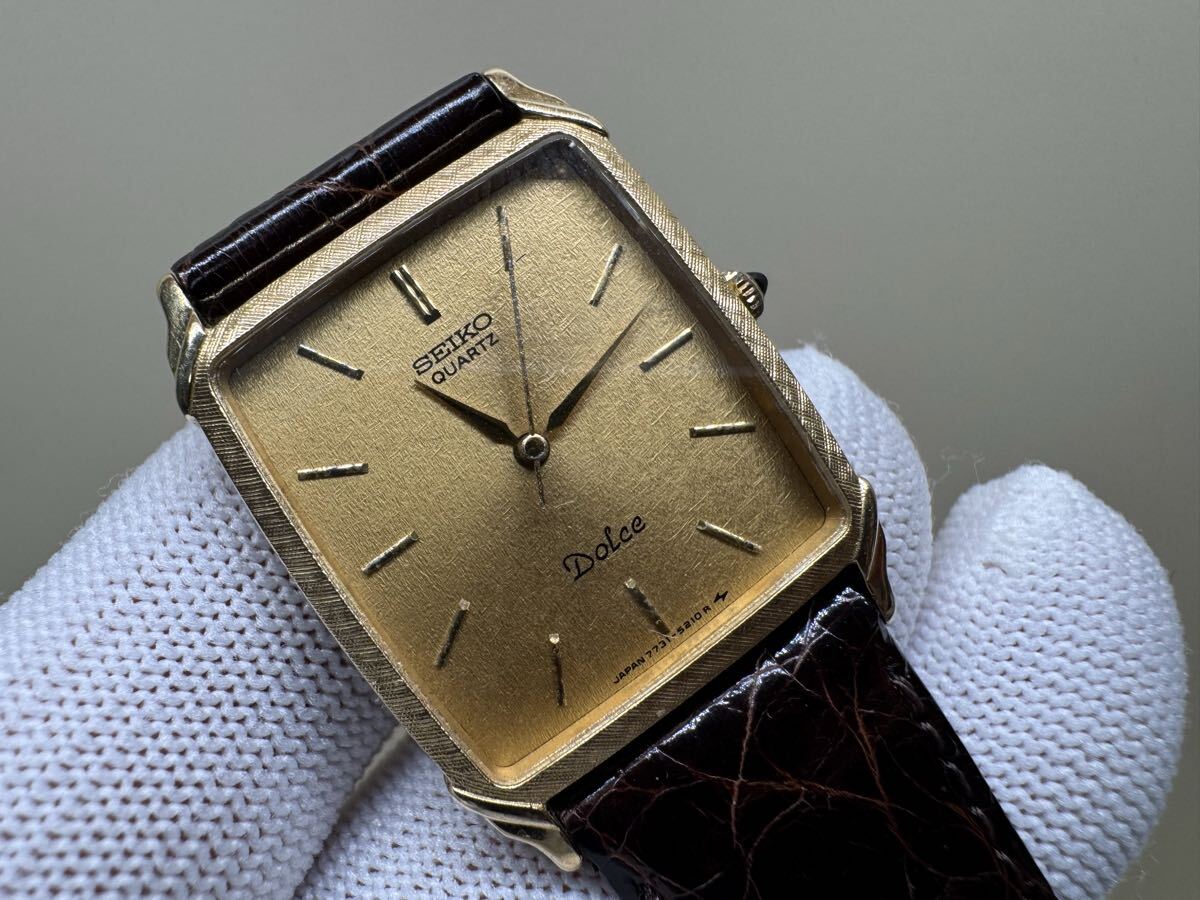 稼働　セイコー ドルチェ 7731-5180 14K/SS スクエア 和紙金模様ダイヤル 薄型クォーツ SEIKO QUARTZ Dolce★w1100