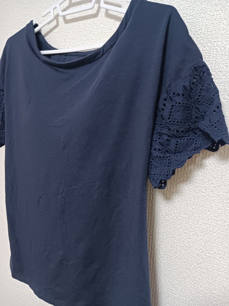 【美品】GU　レース袖ネイビーTシャツ　半袖　レディースLサイズ　COTTON