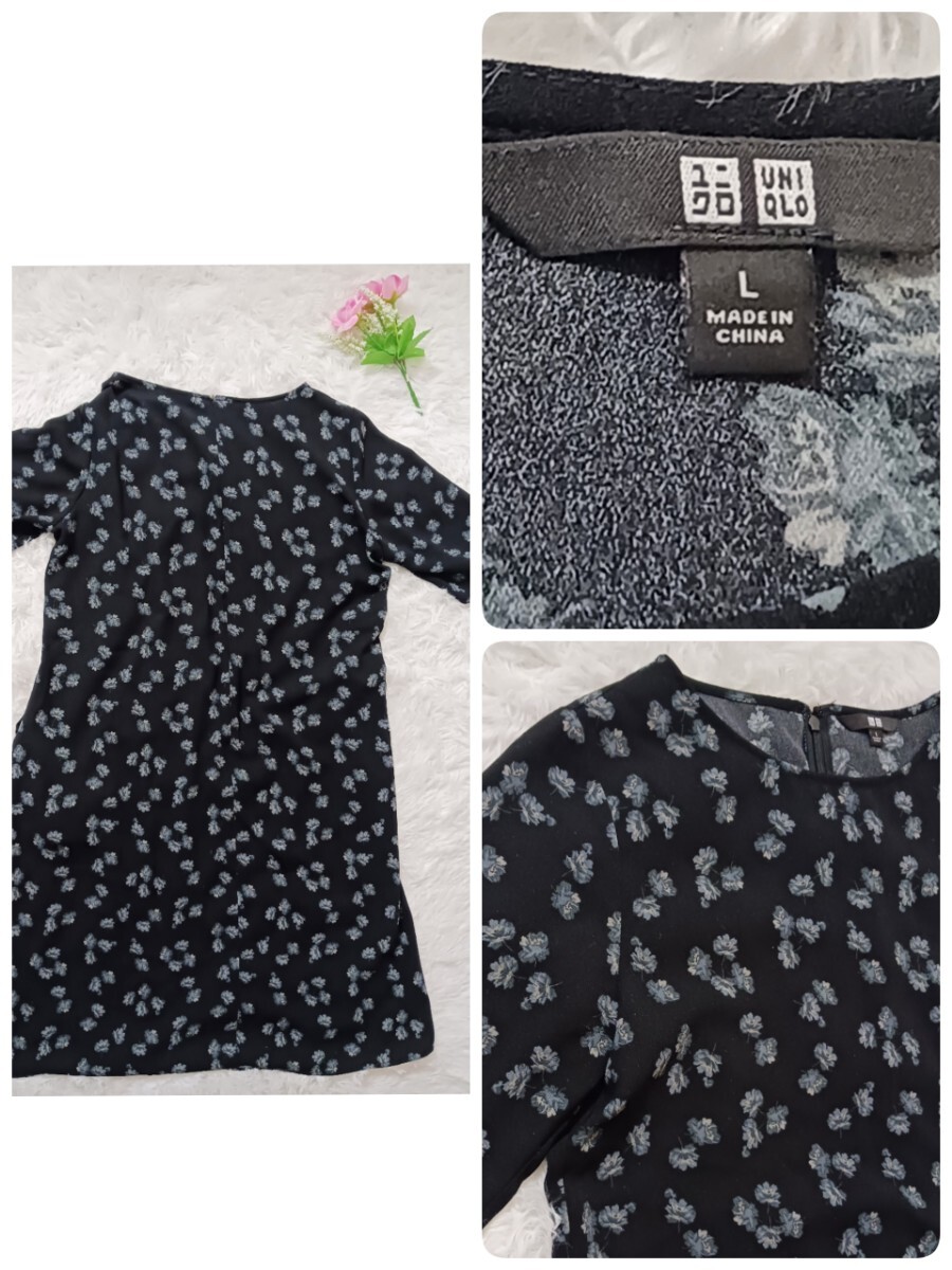 UNIQLO　ユニクロ 小花柄 半袖ワンピース ブラック Lサイズ