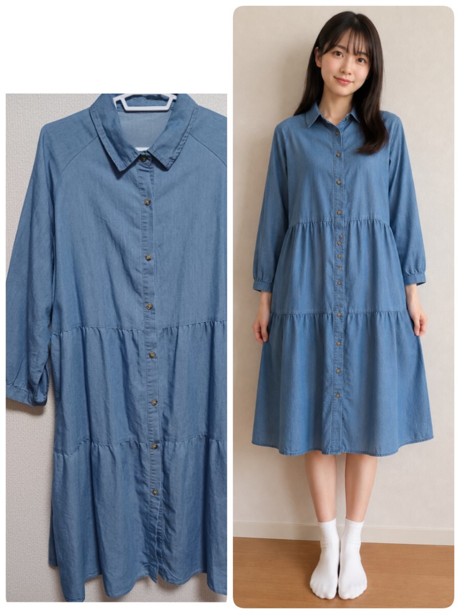 【美品】デニムブルー　長袖シャツワンピース　COTTON　Lサイズ　水色