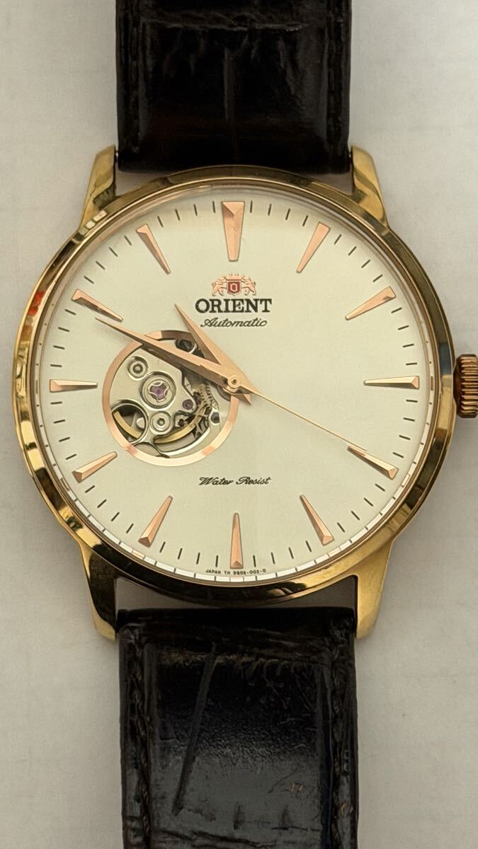 ORIENT オリエント 自動巻き オープンハート メンズ腕時計 ゴールドカラー 白文字盤 革ベルト 稼働品