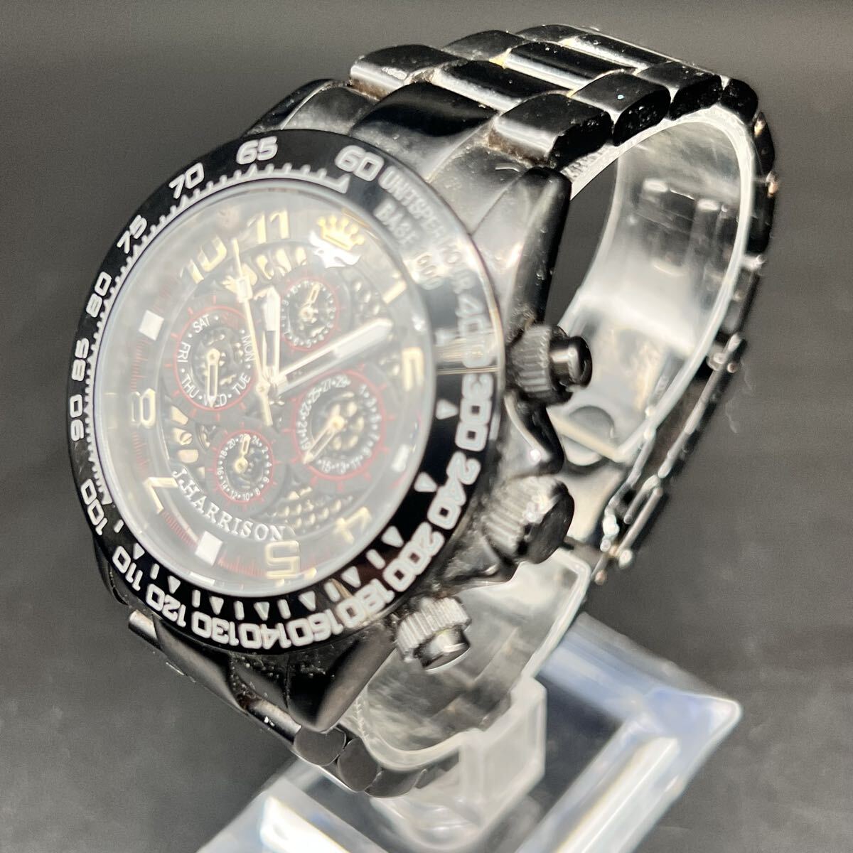 稼動品 J.HARRISON ジョンハリソン JH-002C 自動巻き 手巻き付 フルスケルトン 裏スケ マルチカレンダー ブラック メンズ腕時計 p6-39
