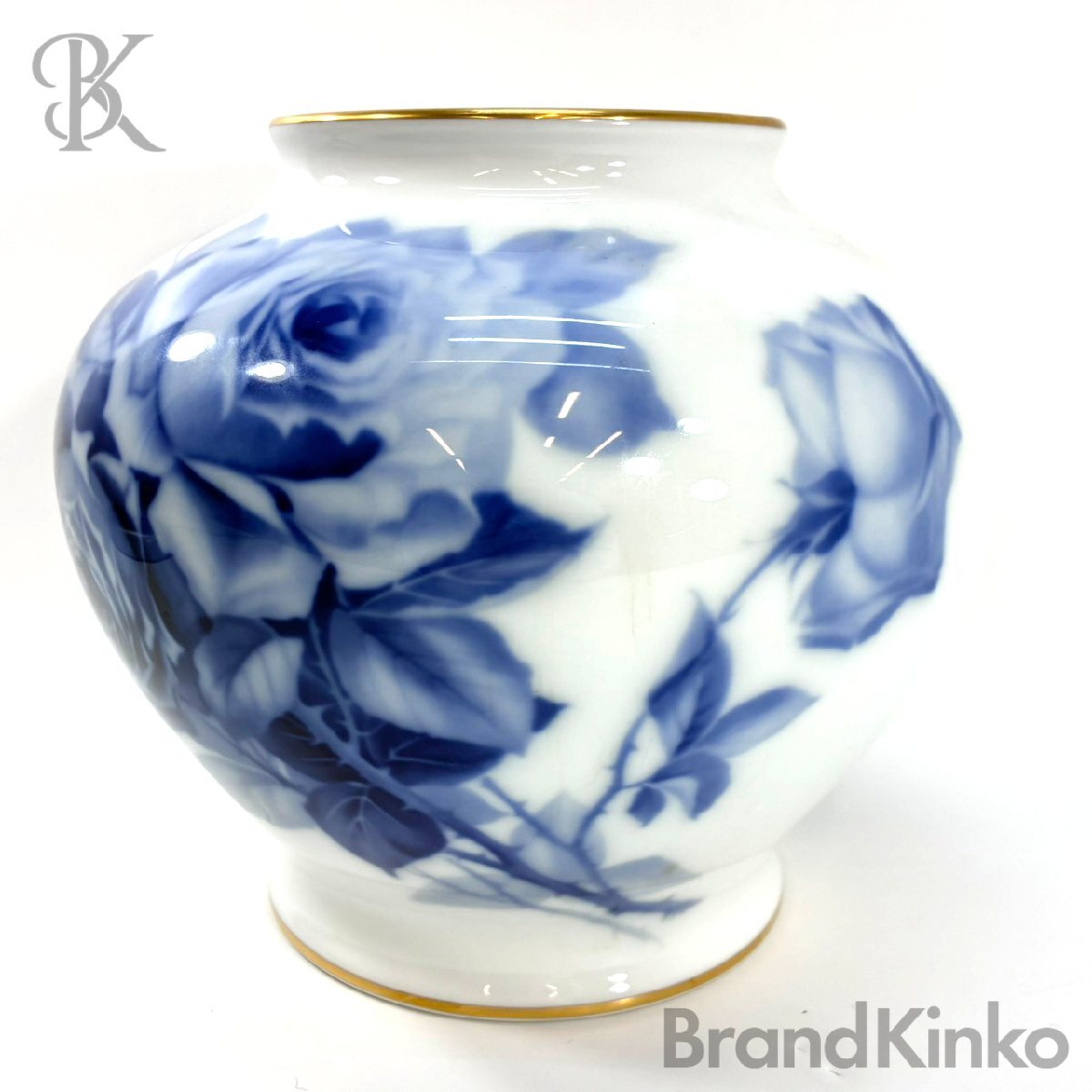 美品 大倉陶園 ブルーローズ フラワーベース 花瓶 花器 金彩 薔薇 陶器 インテリア OKURA 中古 ★