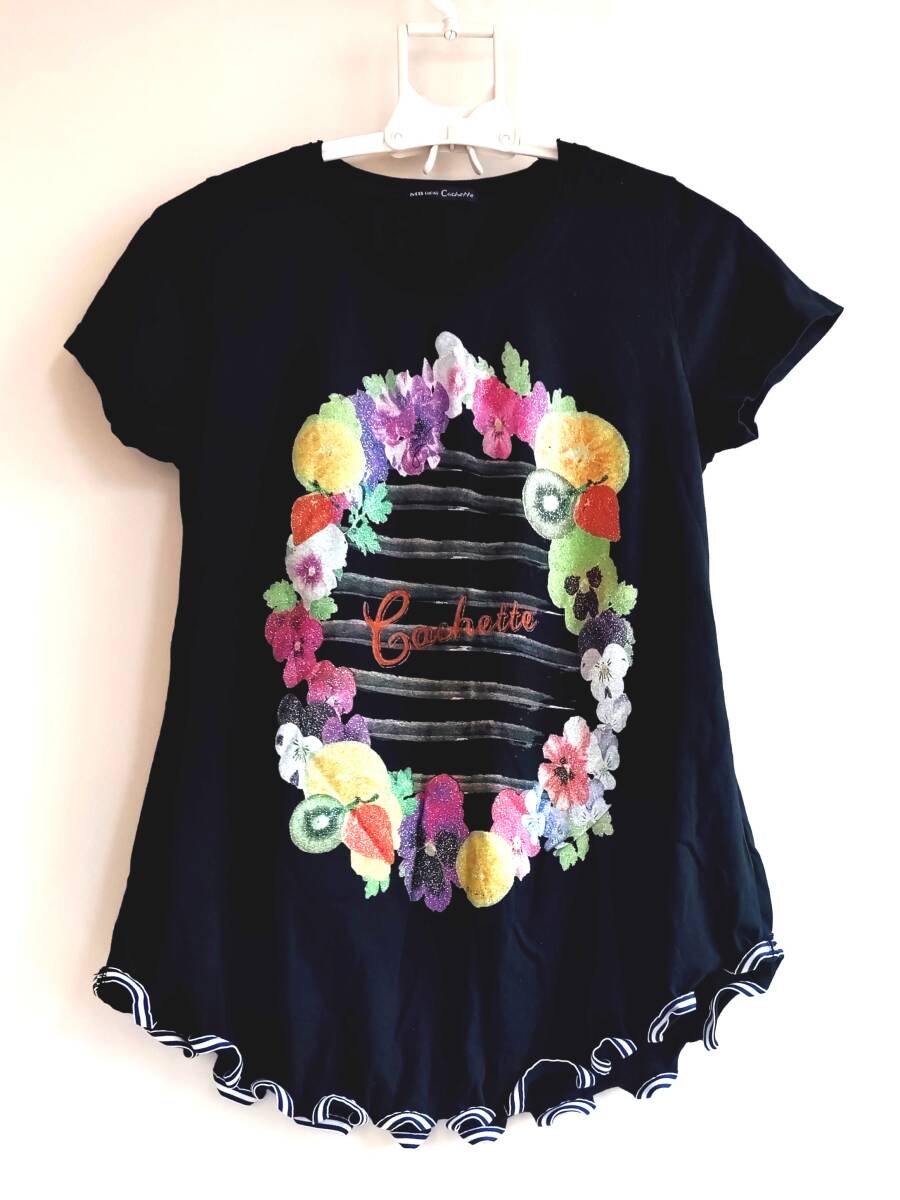 L27　新品　メルローズ Cachette 花柄 フルーツ プリント 半袖Tシャツ 綿100％ 黒 レディース カットソー フリル裾 日本製
