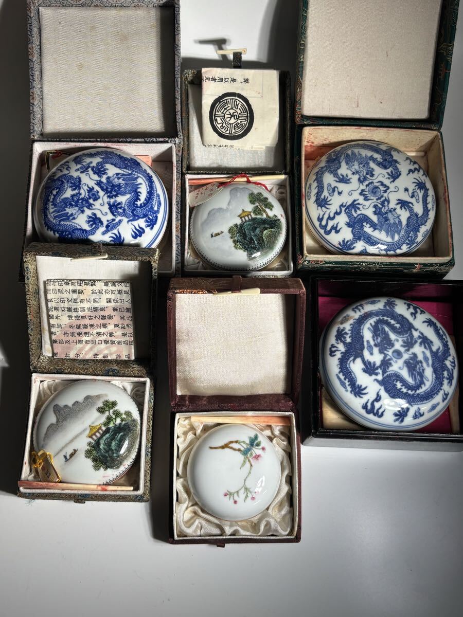 中国 印泥 西冷印社 他 陶器 篆刻 印刻 書道家 印章 印鑑 捺印中国美術 印泥 陶器製 龍柄 山水画 花柄 6点セット 書道 篆刻 朱肉