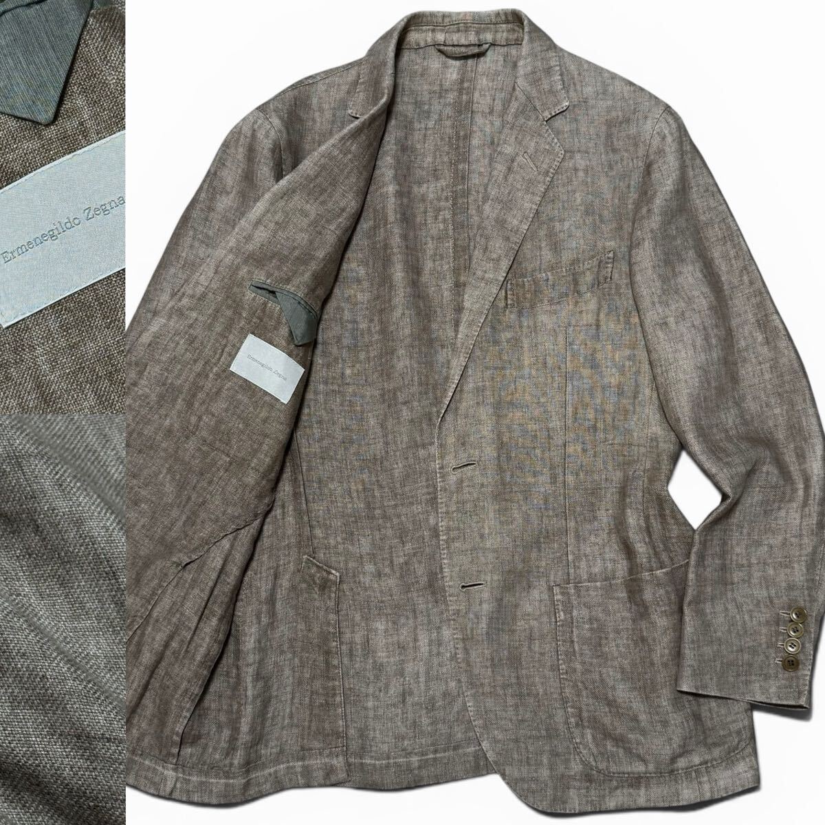 定価40万!!最高峰ピュアリネン100%!!本家ゼニア Ermenegildo Zegna エルメネジルドゼニア 麻 アンコンジャケット グレージュ 46 イタリア製