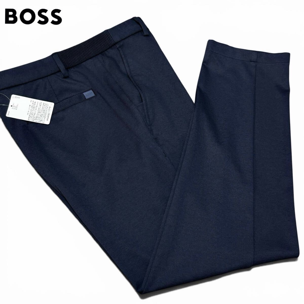新品未使用/XLサイズ●HUGO BOSS ヒューゴボス 現行 KANE イージーストレッチパンツ スラックス テーパード 五者混 ロゴ 52 ネイビー 春夏