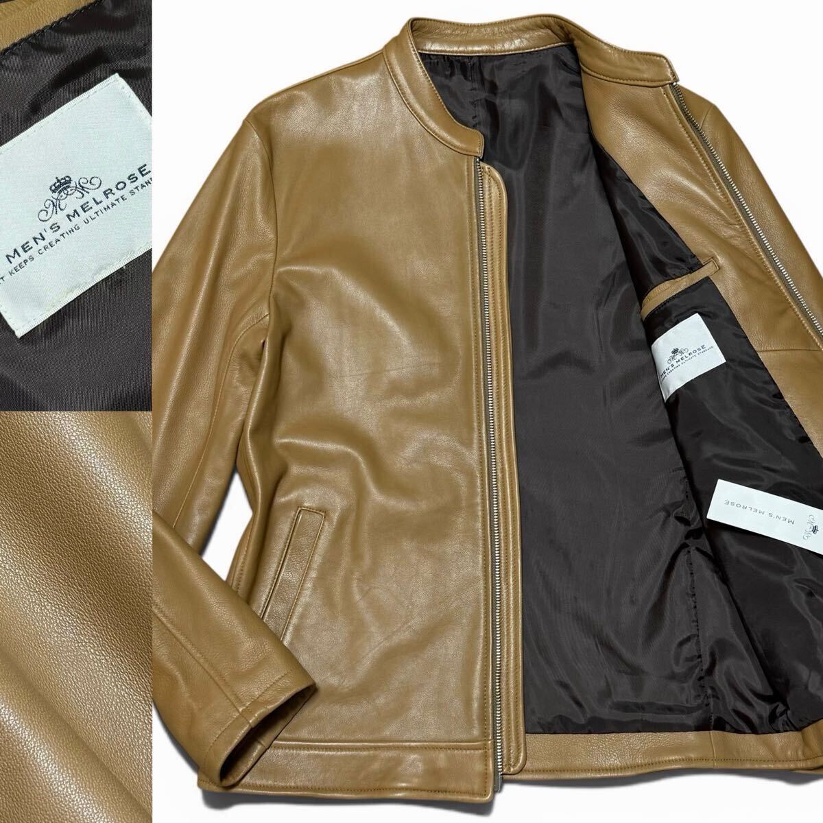 新品タグ付/Lサイズ●MEN’S MELROSE メンズメルローズ ラムレザー シングルライダースジャケット 羊革 ブルゾン 4 希少カラー キャメル