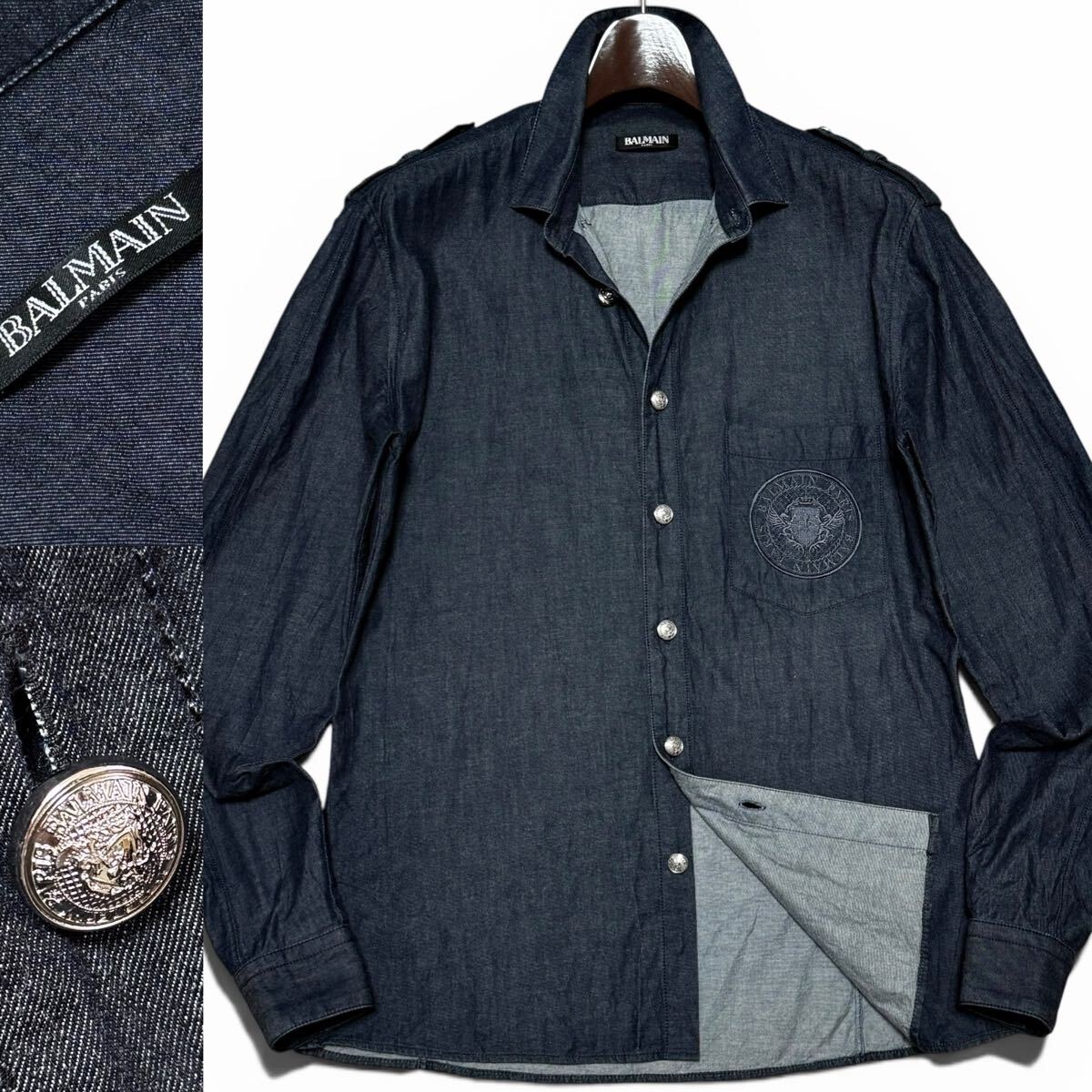 極美品!!最高級シルバーロゴボタン!!大人の色気!!BALMAIN バルマン デニムシャツ 長袖 シャツジャケット ロゴ刺繍 インディゴ 38(M-L) 春夏