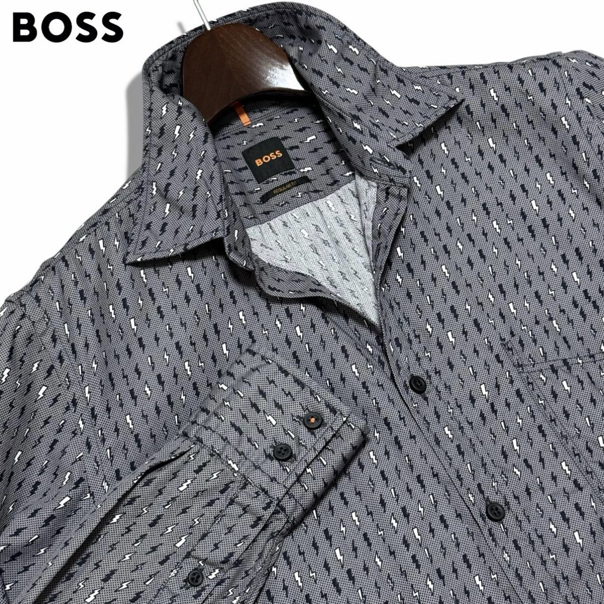 極美品/L相当●HUGO BOSS ヒューゴボス 現行モデル 長袖シャツ REGULAR FIT 羽織り 稲妻モチーフ 総柄 ロゴパッチ コットン グレー 春夏 