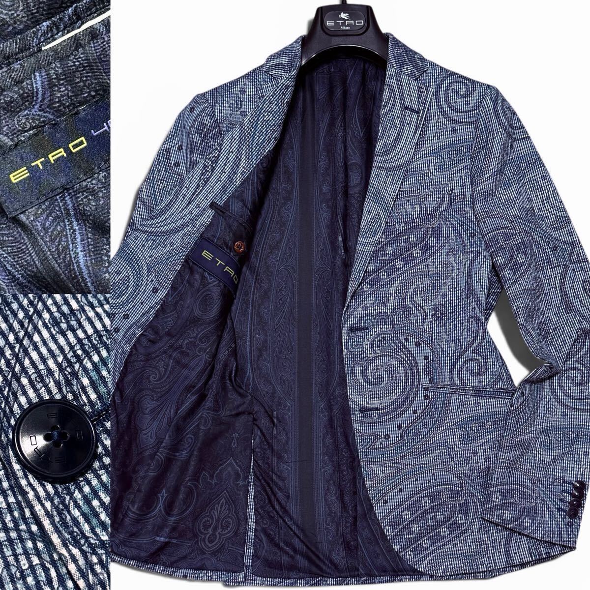 定価40万!!最高峰ペイズリーストレッチシアサッカー!!ETRO エトロ サマー テーラードジャケット 裏地シルク100% 清涼 ブルー 46 イタリア製