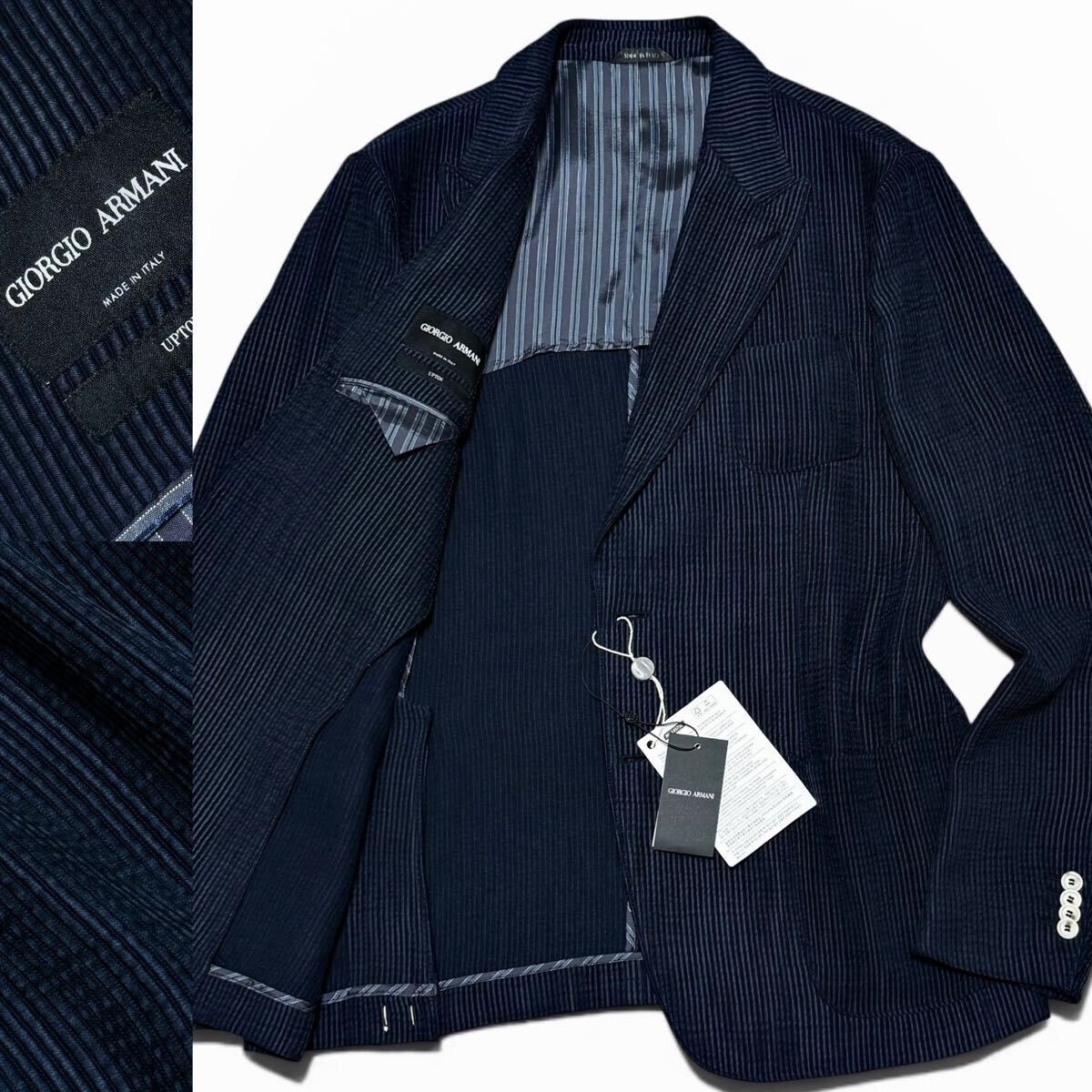 新品!!定価50万!!最高峰リブテクスチャー!黒タグ GIORGIO ARMANI ジョルジオアルマーニ UPTON テーラードジャケット 清涼 凹凸 56 ネイビー