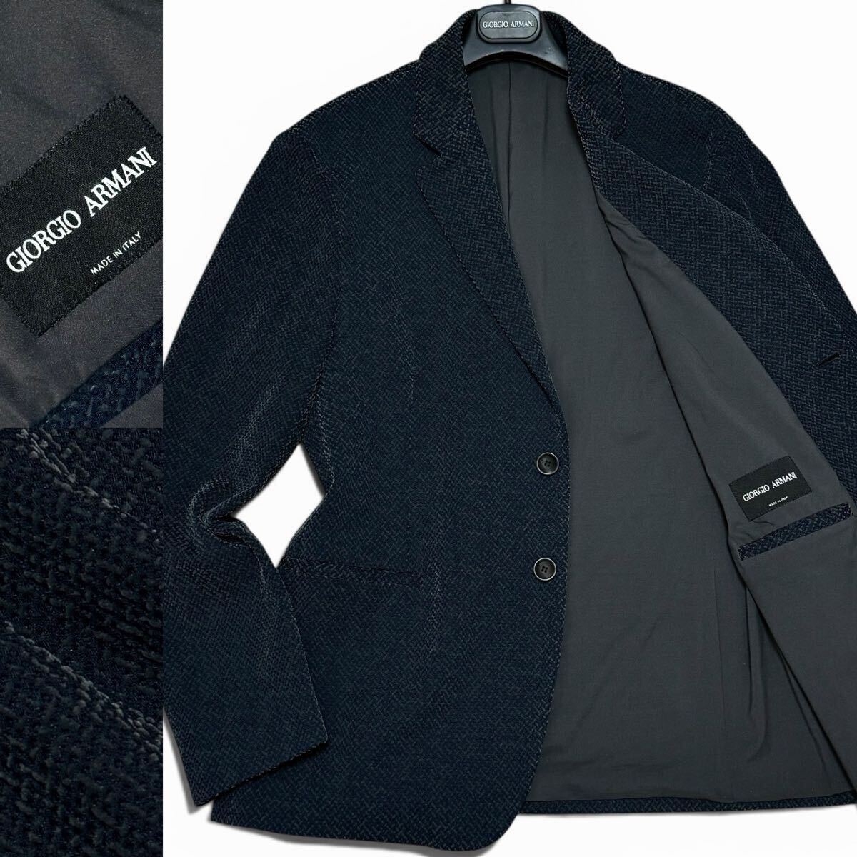 定価44万!!最高峰ジャガードテクスチャー!!黒タグ GIORGIO ARMANI ジョルジオアルマーニ テーラードジャケット ストレッチ メランジ 52 紺
