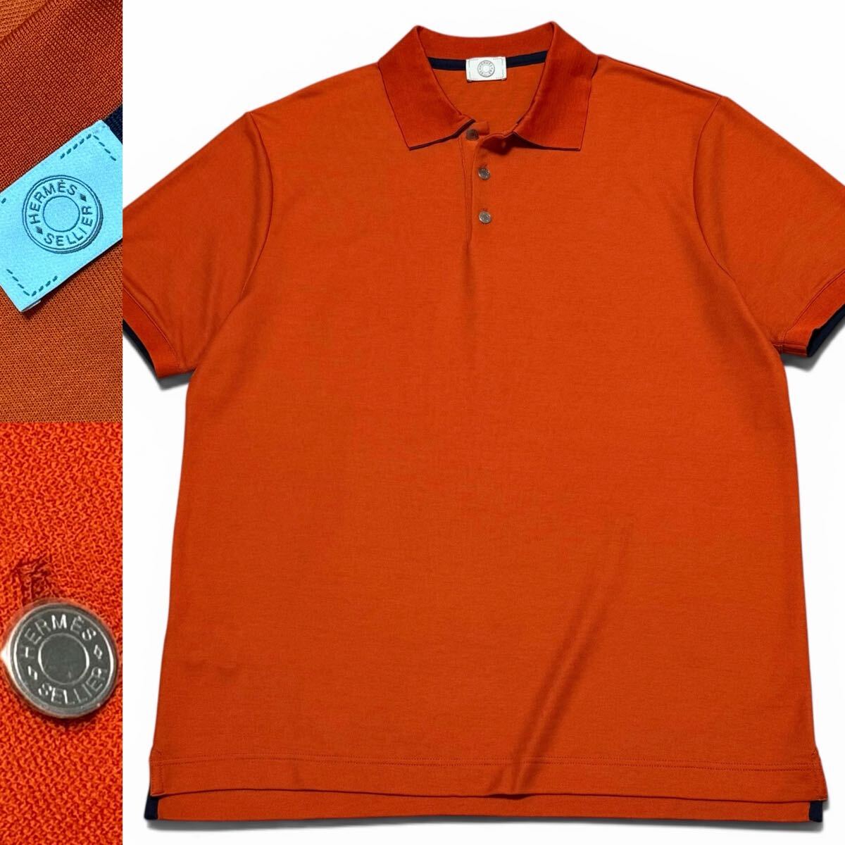 未使用品!!最高峰ドゥブル・ジュ!!極上の肌触り!! HERMES エルメス 現行モデル ピケニット ポロシャツ セリエ オレンジ 伊製 XL ゴルフでも
