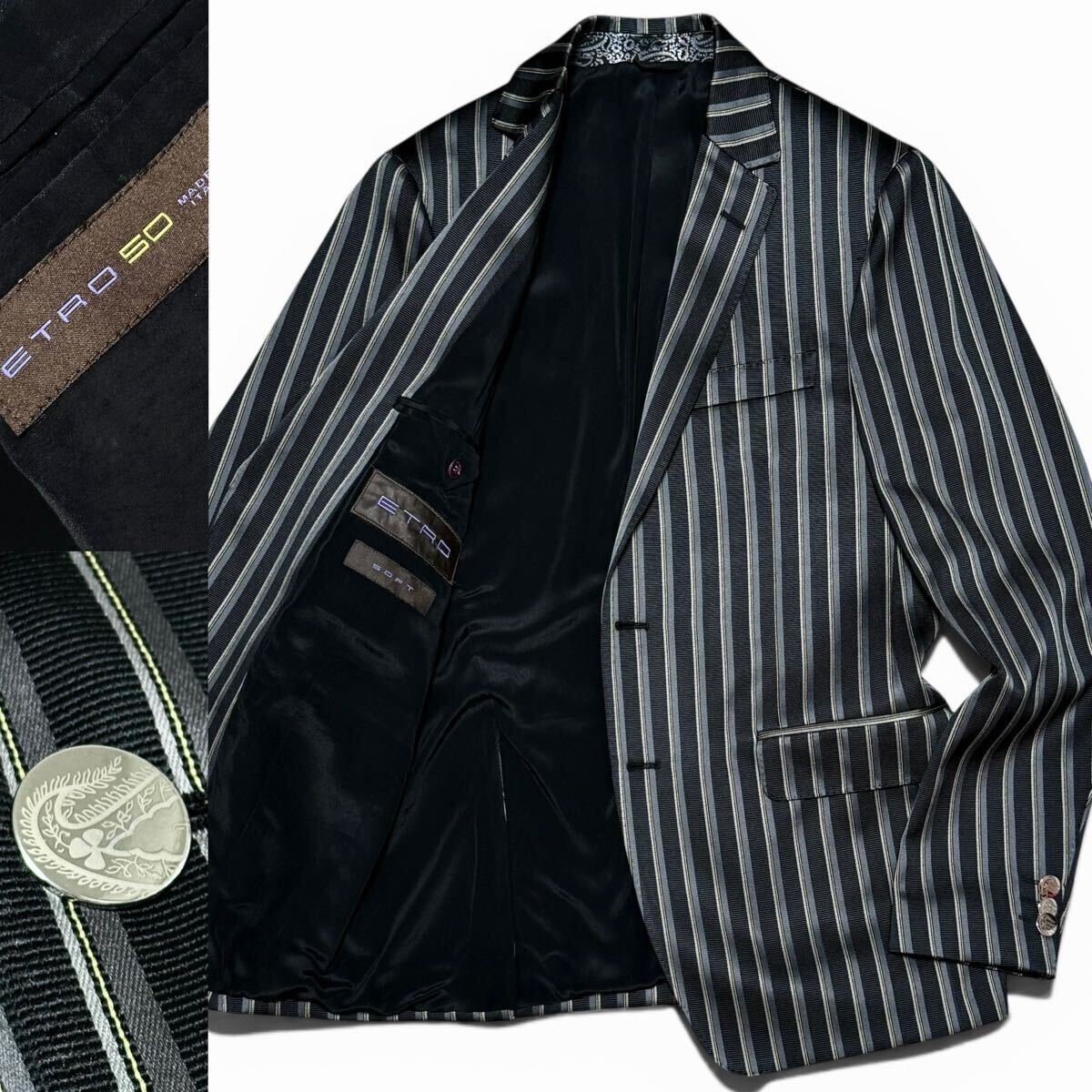 定価35万!!最高峰ペイズリーメタルボタン!!イタリア製 ETRO エトロ ストライプ テーラードジャケット 艶感 シルク混 コットンポリ 50 春夏