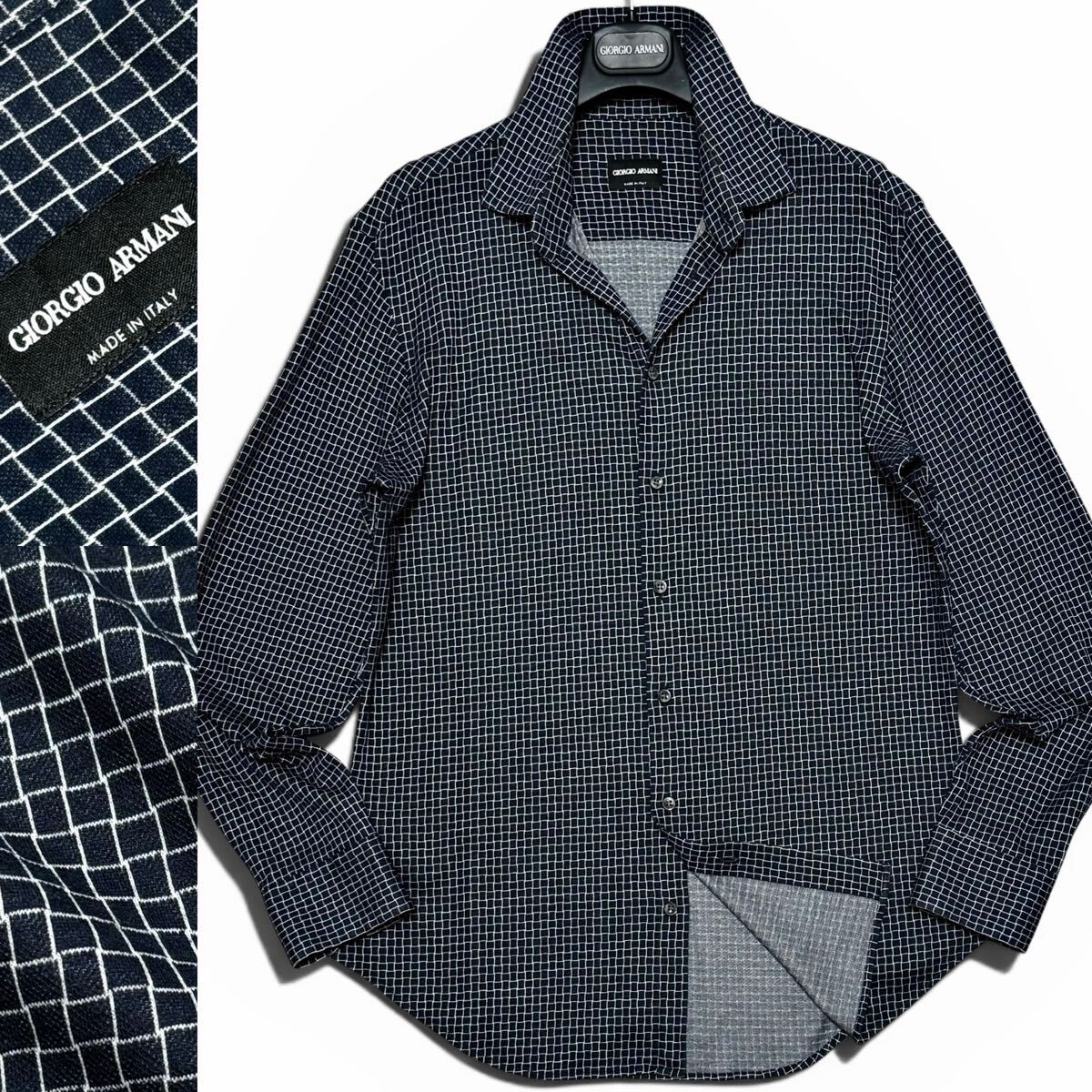 定価23万!!最高峰ストレッチコットンジャージー!!GIORGIO ARMANI ジョルジオアルマーニ グリッドチェック ドレスシャツ 長袖 紺 42 黒タグ 