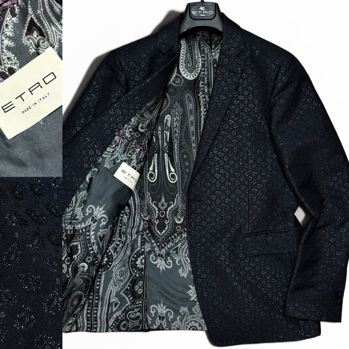 定価50万!!最高峰ペイズリージャガード!!現行モデル ETRO エトロ テーラードジャケット ドレス 極艶 クリスタル釦 ブラック 54 イタリア製