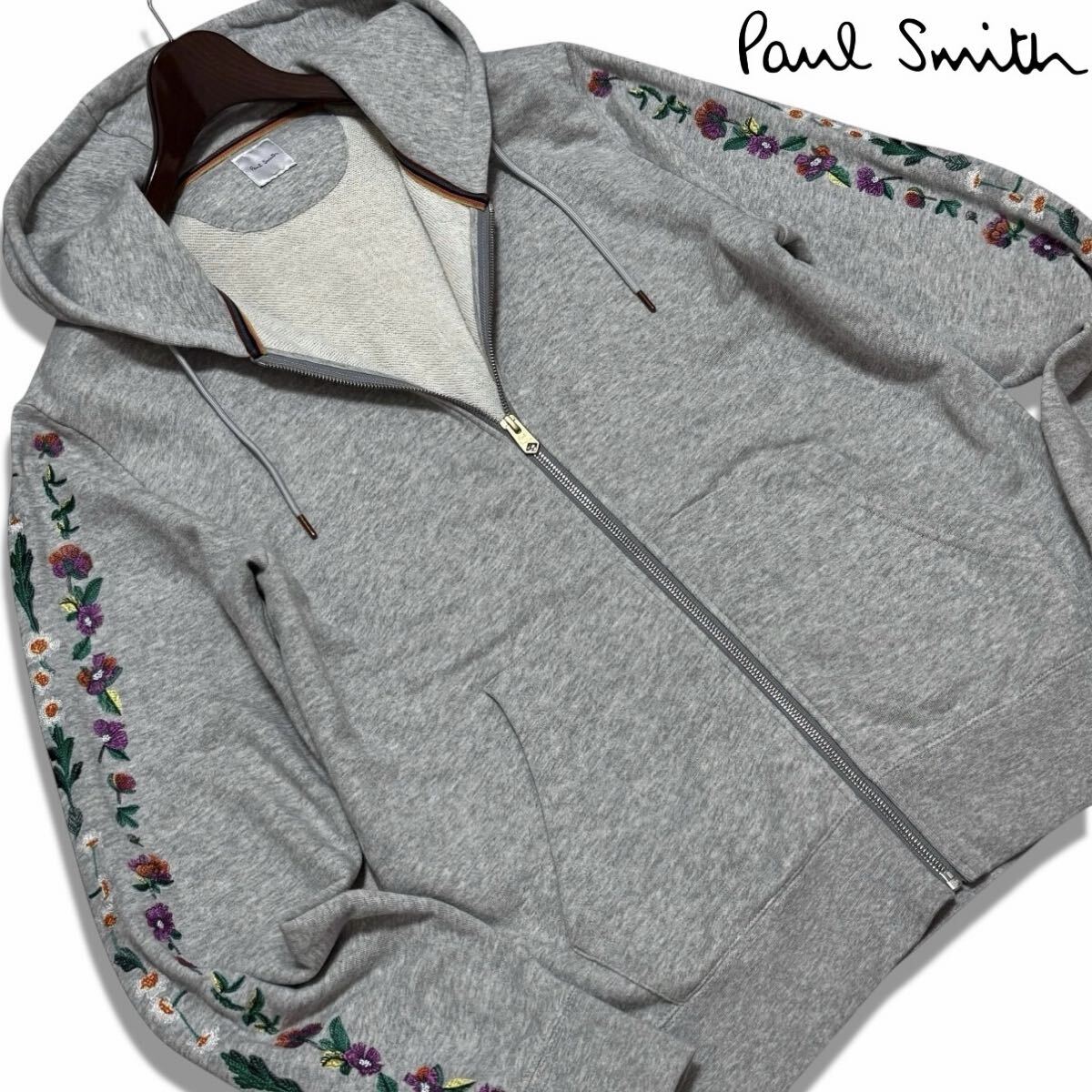 極美品/Lサイズ●Paul Smith ポールスミス 現行モデル フラワーモチーフ 刺繍 花柄 ゴールドジップ パーカー ジャケット グレー 上品な一着