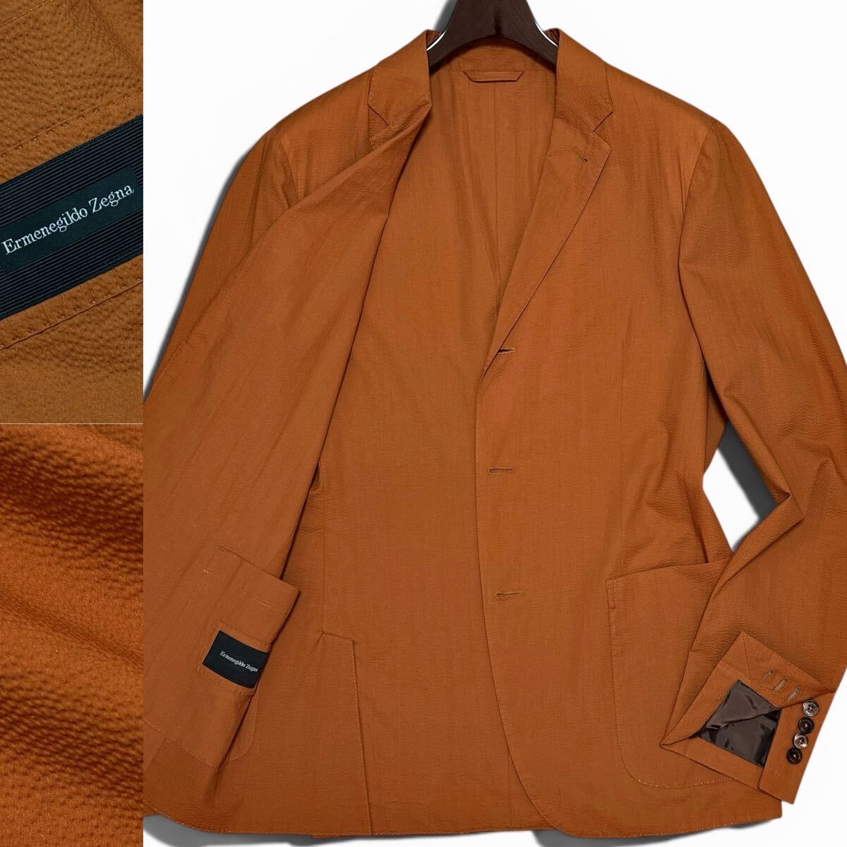 定価45万!!最高峰シアサッカー!!本家ゼニア!! Ermenegildo Zegna エルメネジルドゼニア アンコンジャケット 軽量 本切羽 オレンジ 48 爽快