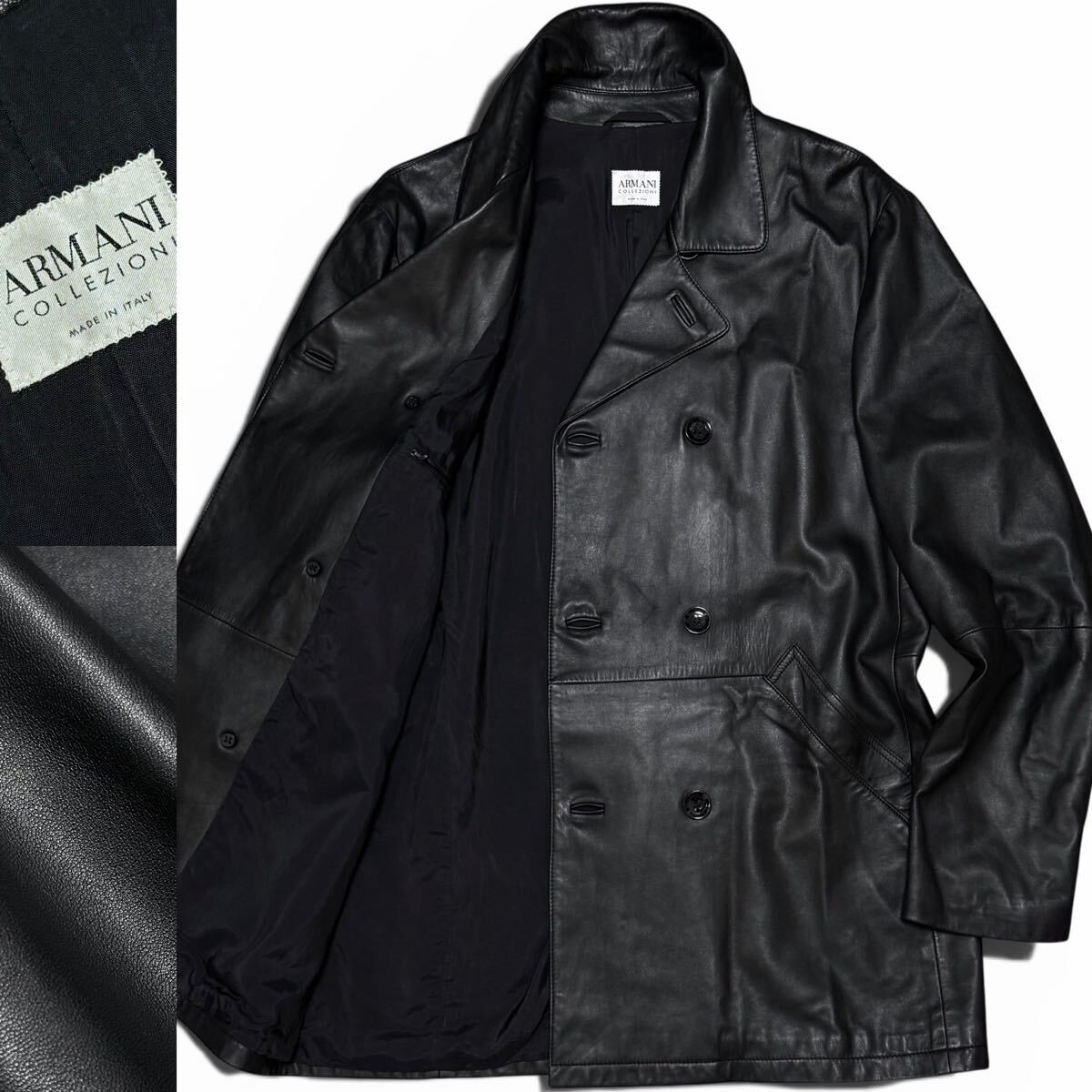 定価80万!!最高峰ラムナッパレザー!!イタリア製 ARMANI COLLEZIONI アルマーニ コレッツィオーニ ダブルブレスト レザーコート 羊革 52 黒