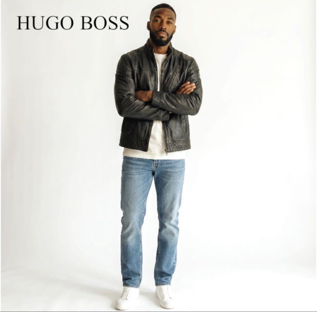 【美品】 HUGO BOSS ヒューゴボス メタルロゴ シングルライダース レザージャケット 黒 48 