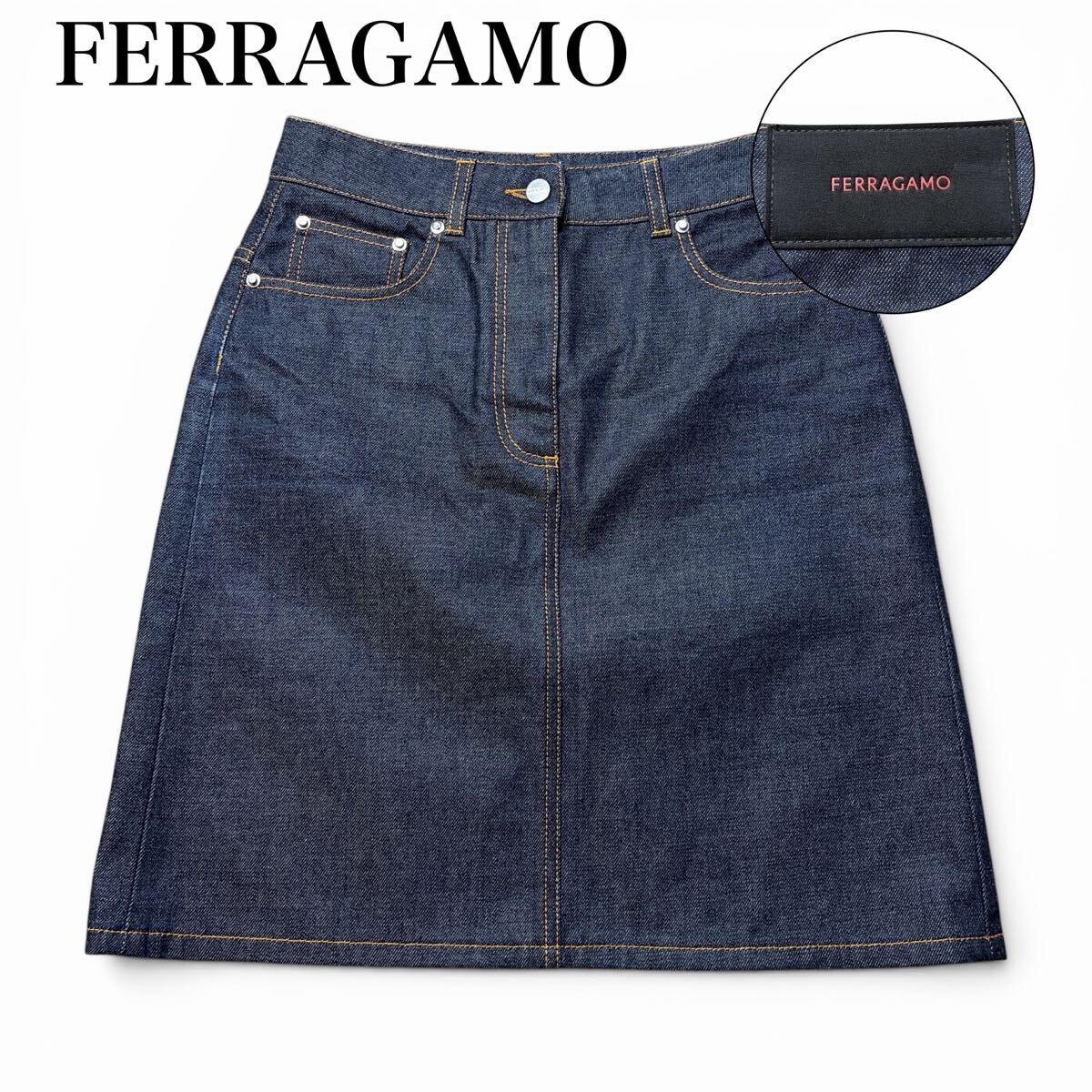 1円~ 極美品 現行 フェラガモ 新ロゴ デニム スカート 40 L インディゴ FERRAGAMO 近年モデル レザーパッチ レディース