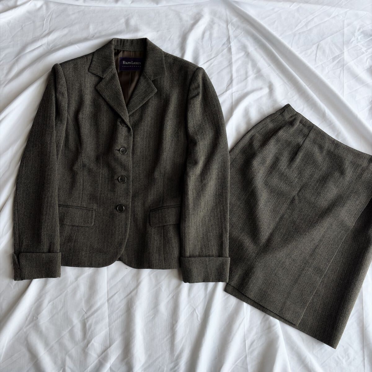 【最高級ライン紫タグ！！】RALPH LAUREN Collectionラルフローレン ウール ヘリンボーン セットアップ スーツ ラップスカート パープル