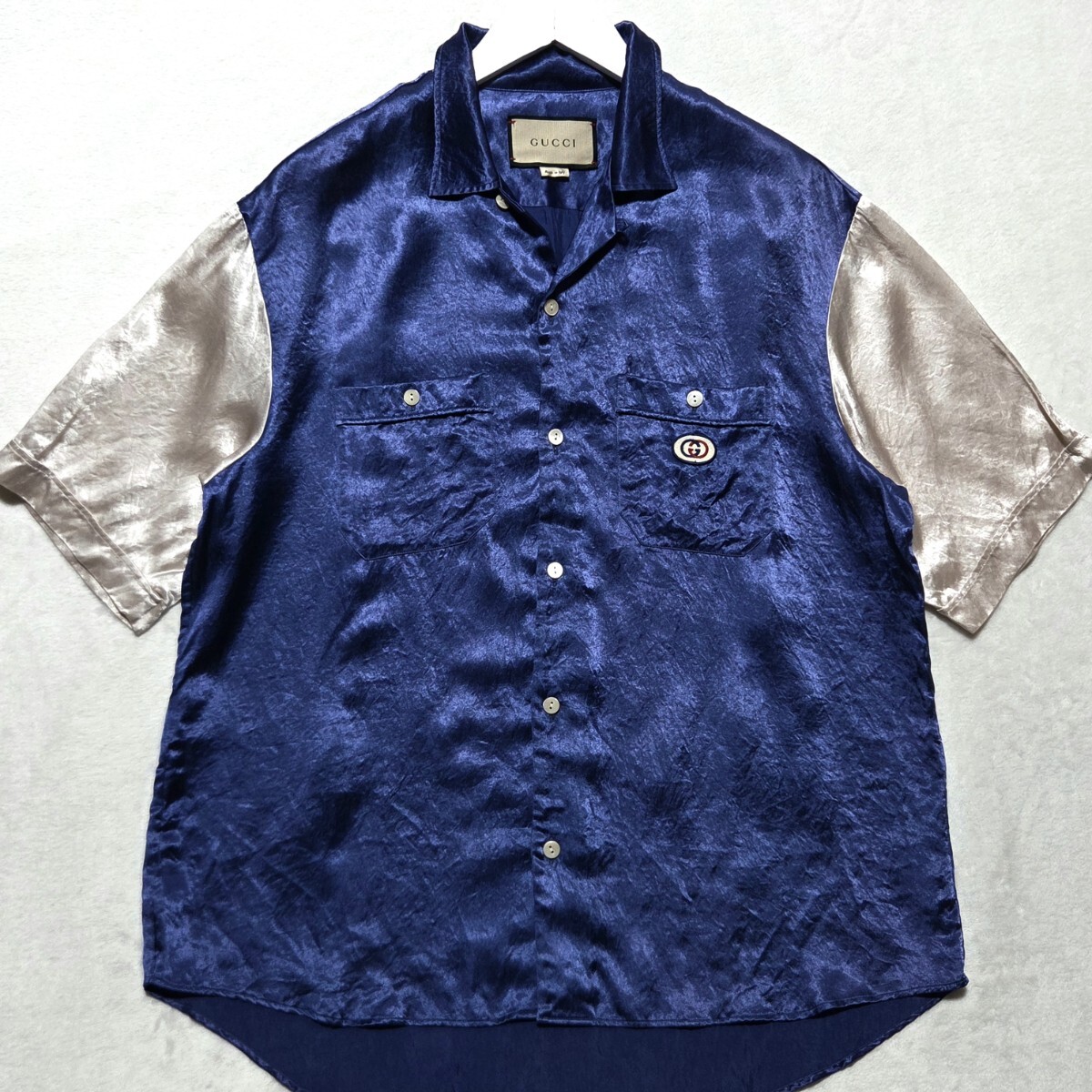極美品/XL/現行 ■GUCCI ボーリングシャツ 半袖 オープンカラー バイカラー ワッペン インターロッキング グッチ メンズ 紺 ネイビー 50