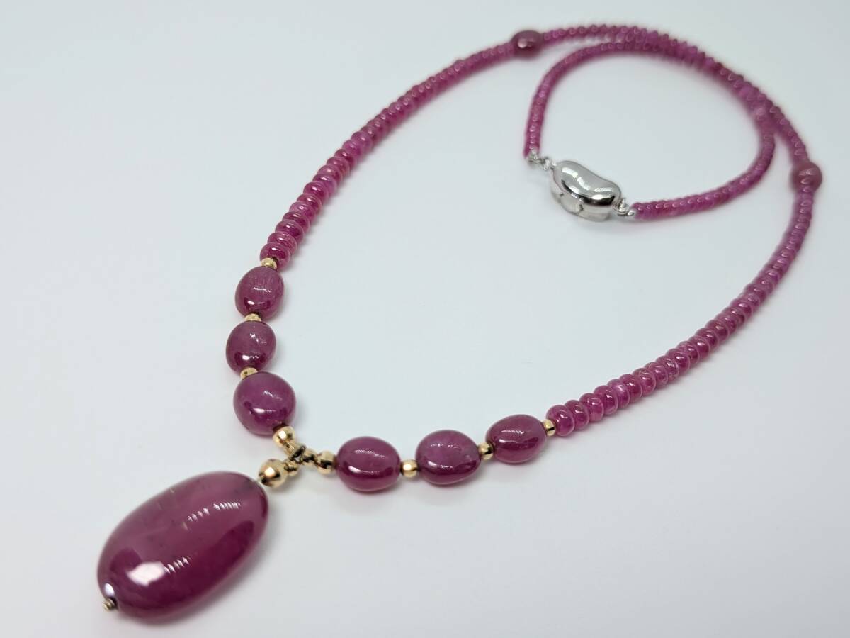 豪華!!見開き鑑別付★天然大粒ルビー 連ネックレス★重量約5.7g・長さ43.5cm★トップ石約17×11mm珠・SILVER刻印★7月誕生石