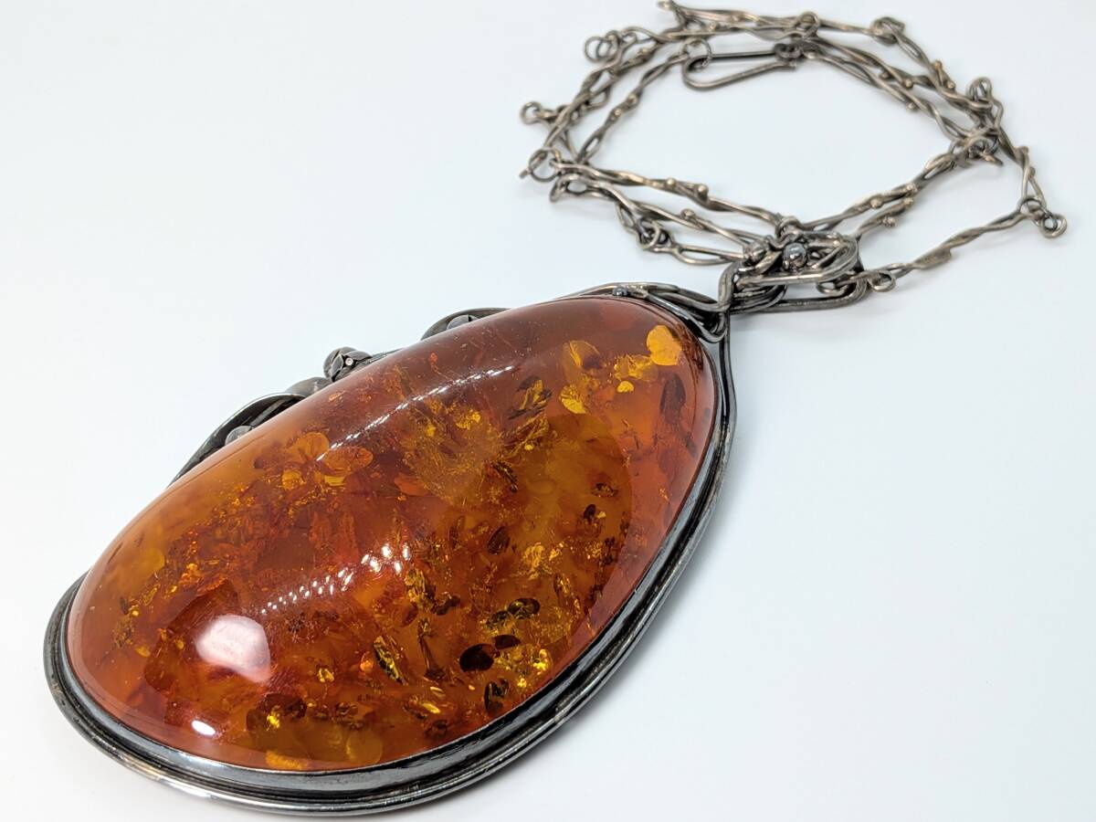 豪華!!鑑別カード★シルバー製★巨大天然こはく ネックレス★重量約94.8g・長さ64.5cm・トップ87×46×24mm★チェーン800・トップSV925刻印