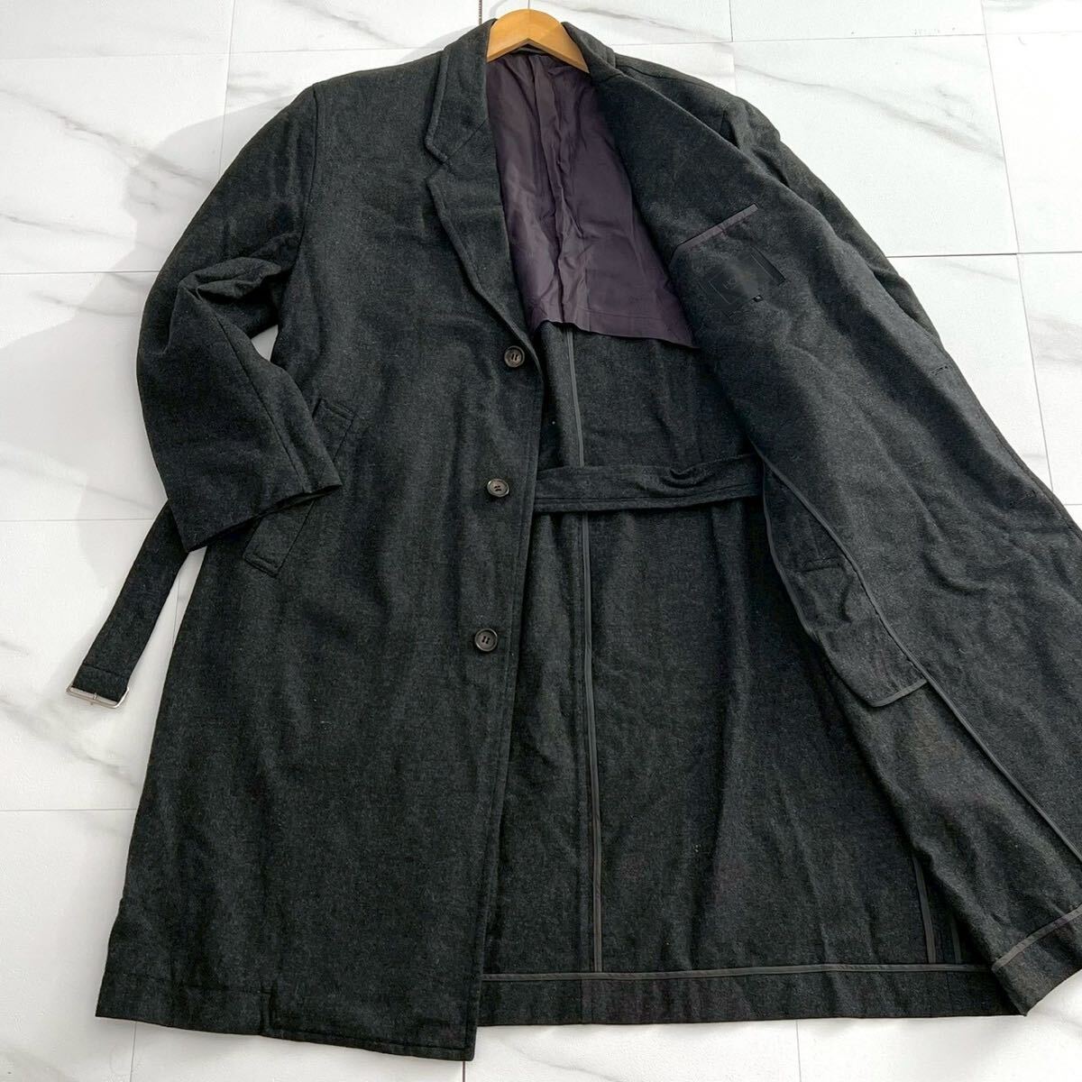美品 デカオム◆COMME des GARCONS HOMME チェスターコート ベルテッドコート ベルト付 マキシ丈 ウール グレー XL位 コムデギャルソンオム