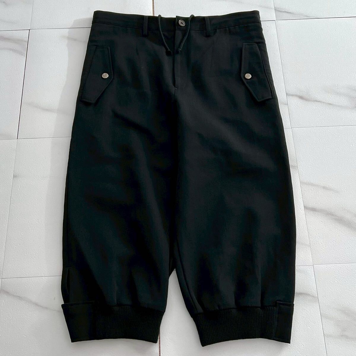 極美品◆Y's サルエルパンツ ドロスト 七分丈 裾ゴム リブ ウールギャバジン ブラック 黒 3 メンズ レディース ワイズ ヨウジヤマモト