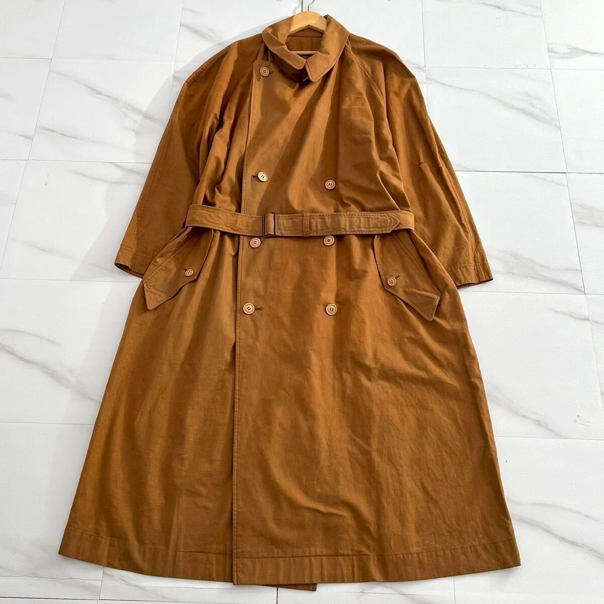筆タグ 80's◆ISSEY MIYAKE MEN トレンチコート ベルテッドコート ロング丈 ベルト付 コットン オレンジ系 メンズ XL位 イッセイミヤケメン
