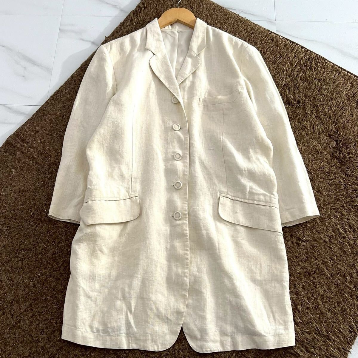 極美品 筆タグ◆ISSEY MIYAKE 1980's テーラードジャケット ロング丈 ハーフコート ホワイト リネン 9 レディース vintage イッセイミヤケ