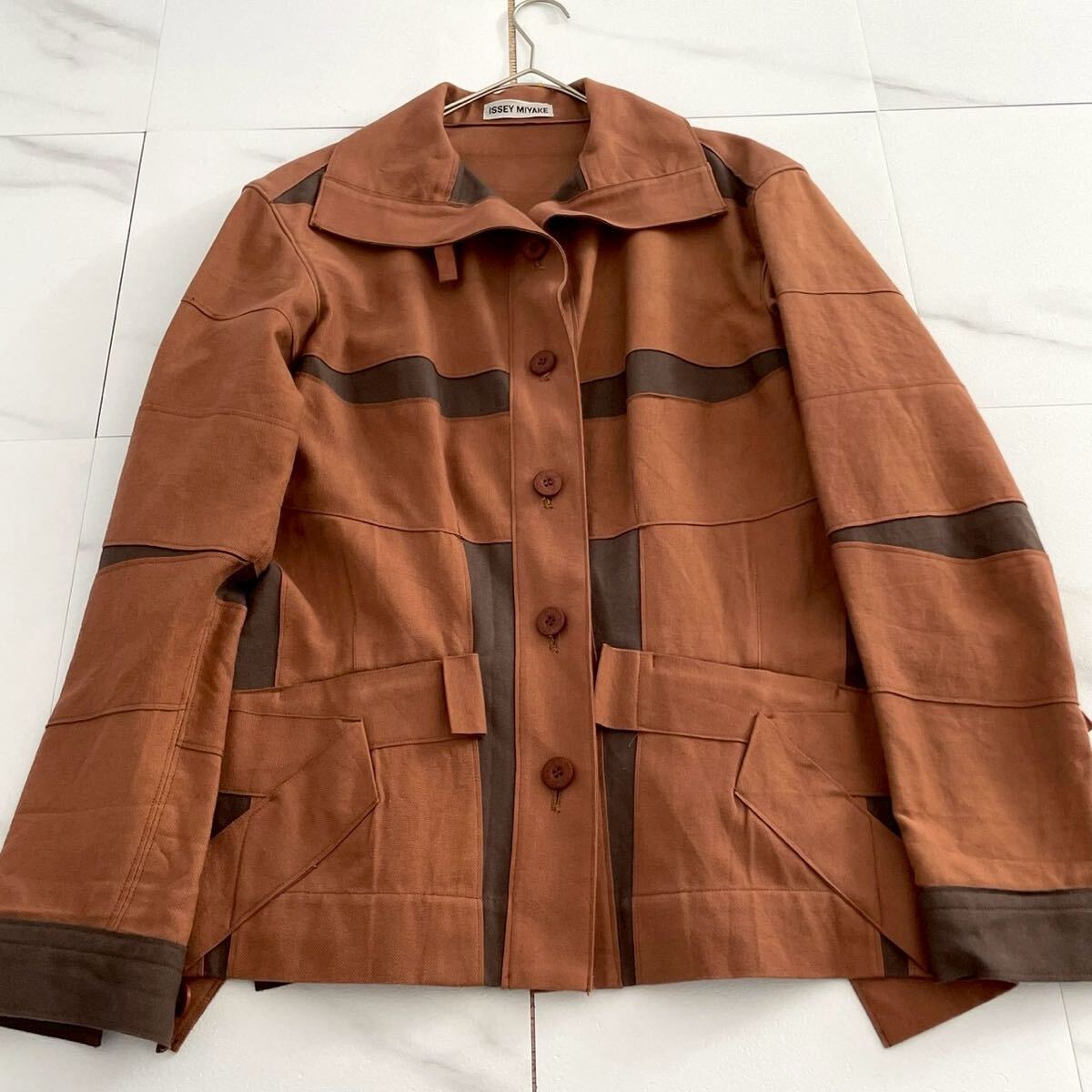 極美品 97SS◆ISSEY MIYAKE デニムジャケット スタンドカラー 切替 ドッキング コットン オレンジ ブラウン L レディース イッセイミヤケ