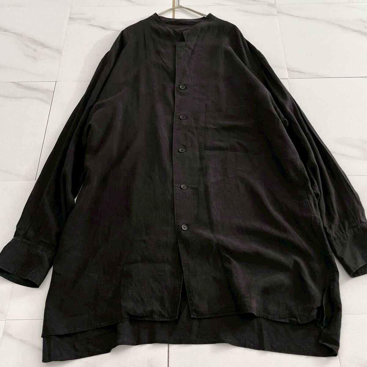 極美品 23SS◆Yohji Yamamoto POUR HOMME オープンカラーシャツ 開襟 ロング丈 セルロース ブラック XL位 メンズ ヨウジヤマモトプールオム