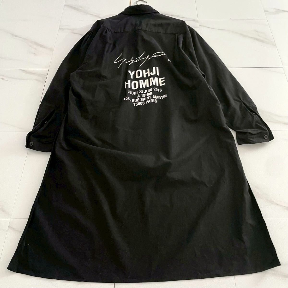 極美品 17SS◆Yohji Yamamoto POUR HOMME ロングシャツ スタッフコート バックロゴ コットン 黒 3 XL位 メンズ ヨウジヤマモトプールオム