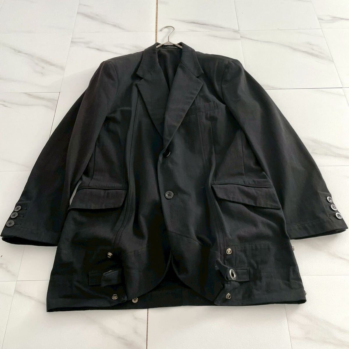04AW パンク期◆Yohji Yamamoto POUR HOMME テーラードジャケット ハトメ 2way 着丈調整可 コットン 黒 3 メンズ ヨウジヤマモトプールオム