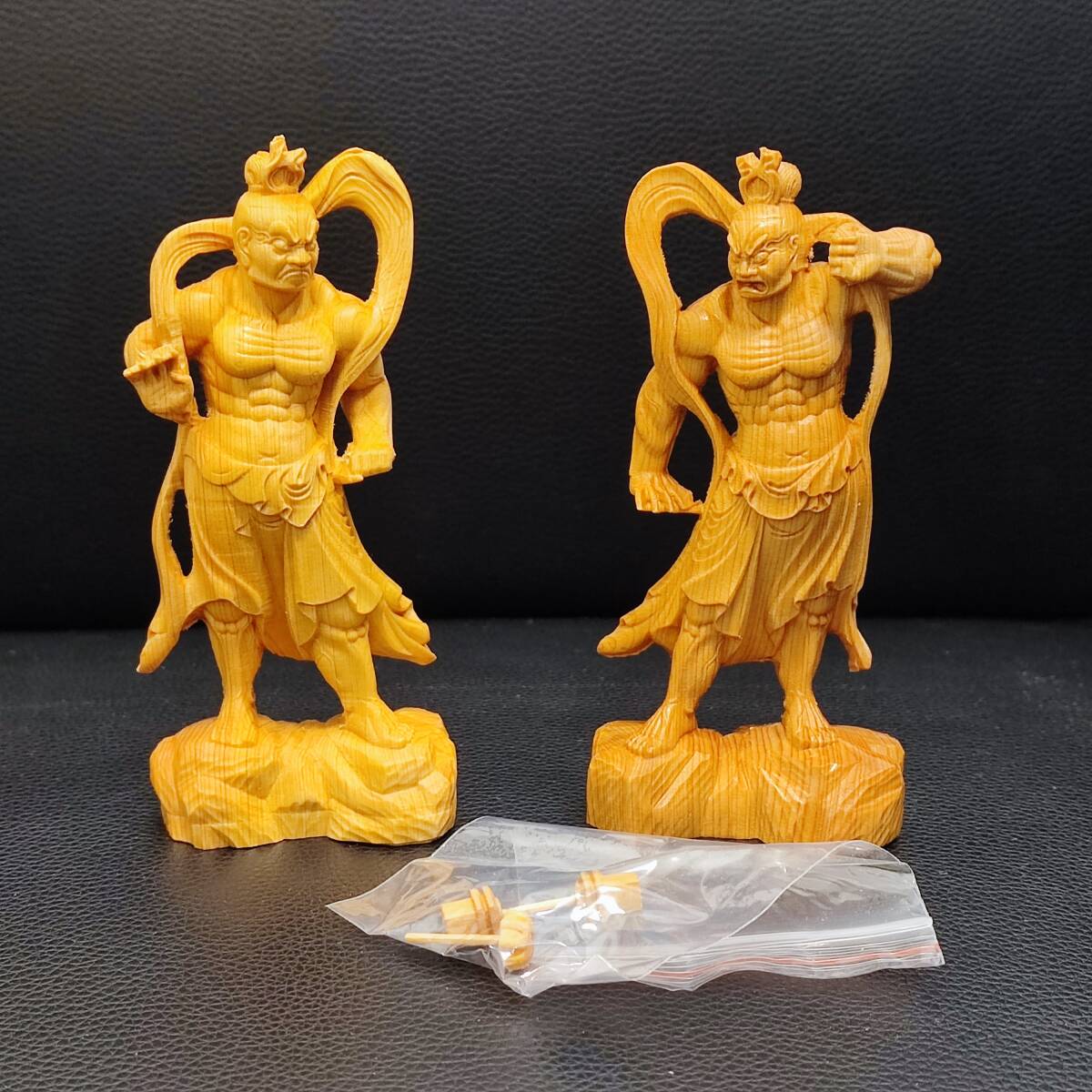 金剛力士像（阿形/吽形）全高約13cm 仁王像 木彫 彫刻 木工芸 災難除去 木彫仏像 2点セット デスクトップ