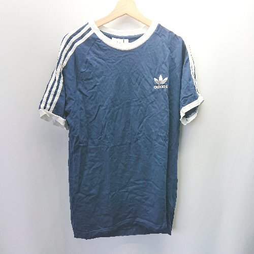 ◇ adidas アディダス 3ストライプ ワンポイントロゴ 半袖 Tシャツ サイズUS L ネイビー メンズ E