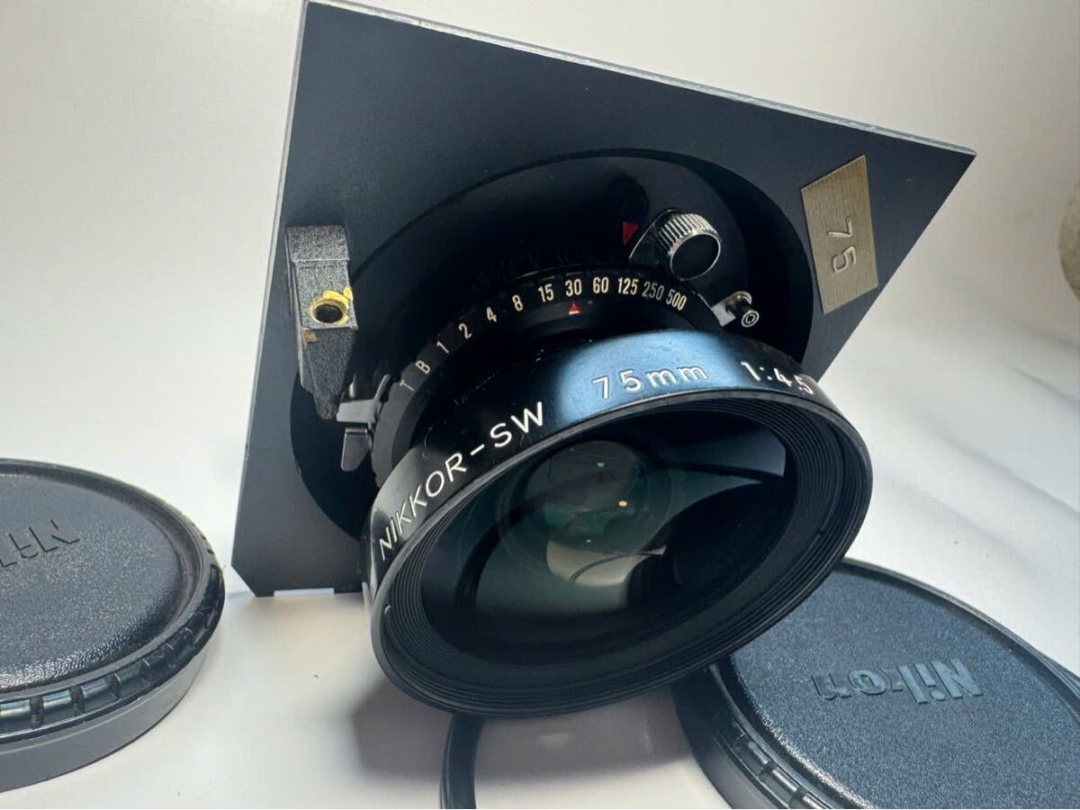 【美品】NIKKOR-SW 75mm F4.5 大判カメラレンズ Nikon ニコン 広角レンズ ボード付 ケーブルレリーズ付 動作良好