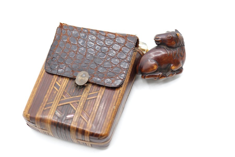煙草入　竹編　竹　シガレットケース　根付　馬　竹細工　骨董/アンティーク/レトロ/時代物　商標登録　レザー