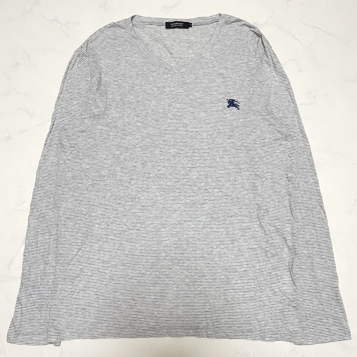 BURBERRY BLACK LABEL バーバリーブラックレーベル ホースロゴ刺繍　ボーダー　Vネック 長袖 Tシャツ グレー　3 Lサイズ