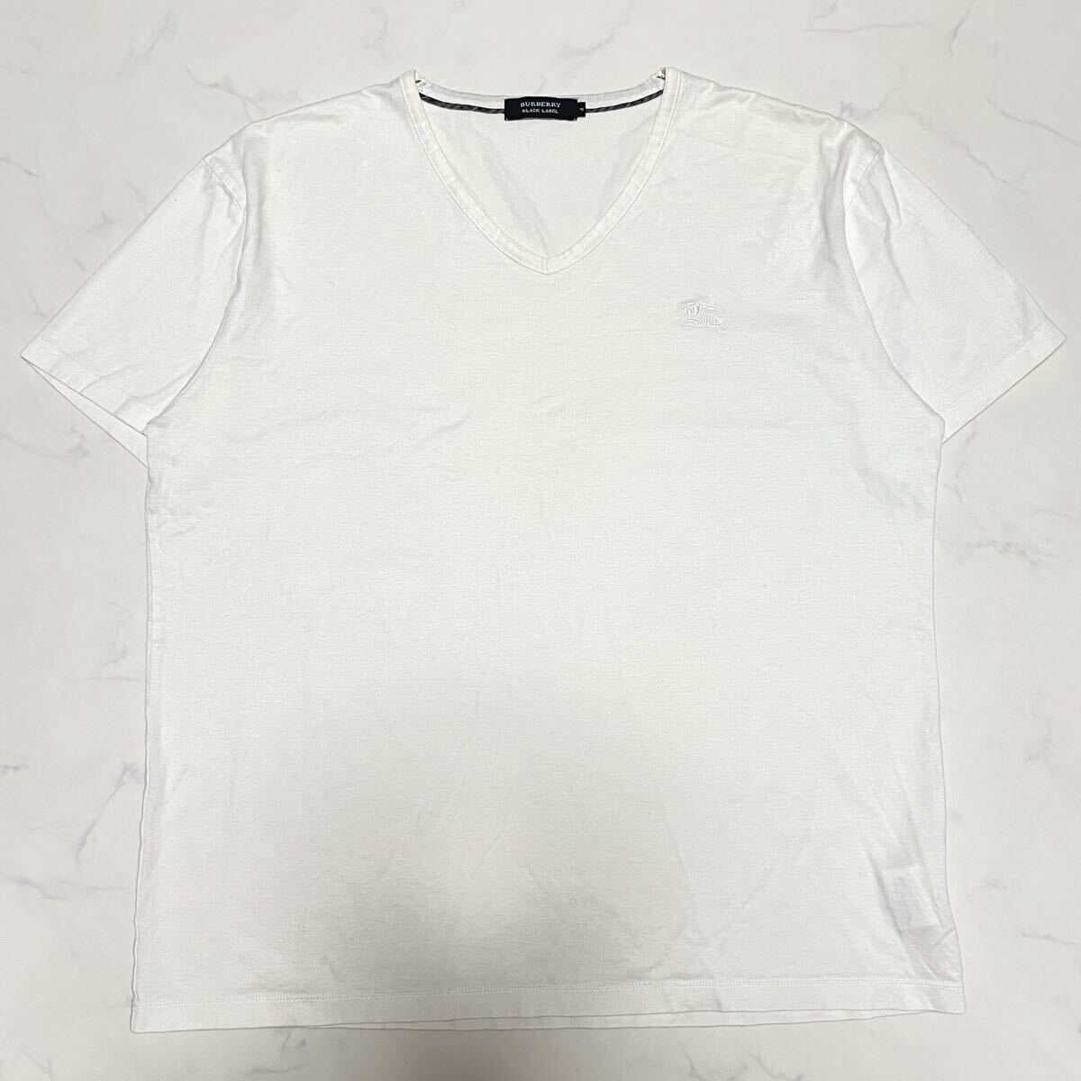 BURBERRY BLACK LABEL バーバリーブラックレーベル　ホースロゴ刺繍　ノバチェック　 半袖 Vネック Tシャツ ホワイト 白　4 XLサイズ