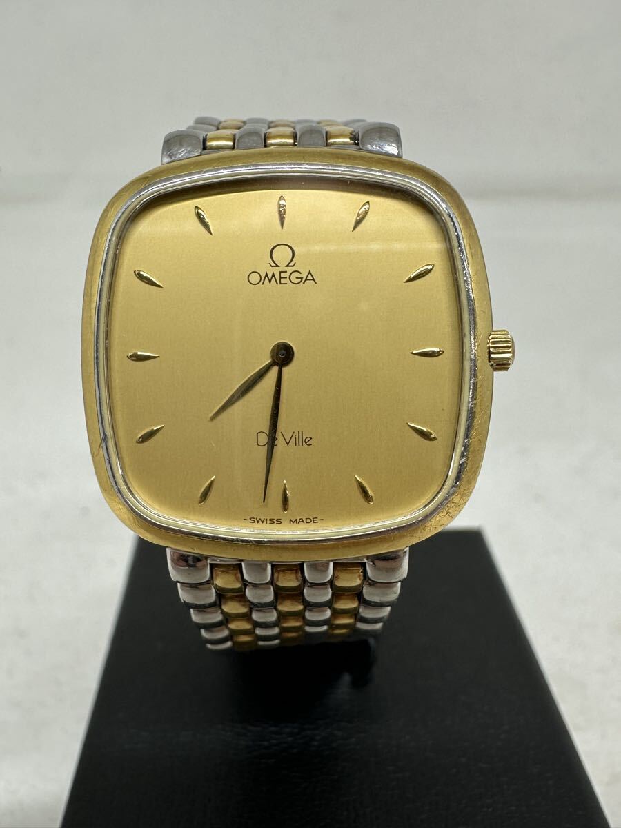 【稼働品】OMEGA/オメガ デ・ビル スクエア型ケース ゴールド文字盤 ヴィンテージ クォーツ腕時計 1円〜【L422.YUB】 