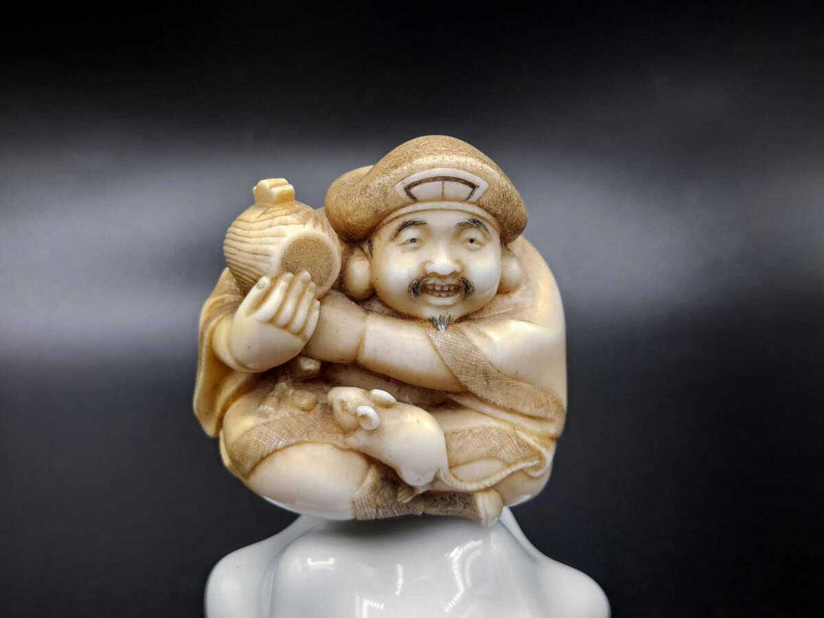 【12】20世紀　現代根付「大黒天」意匠 稲田「一郎」銘 天然素材根付　逸品